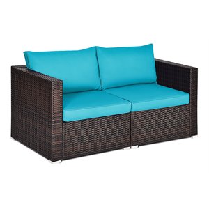 Costway 2-piece Rattan Patio Corner Sofa Set with Blue Cushion in Brown