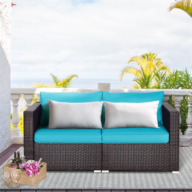 Costway 2-piece Rattan Patio Corner Sofa Set with Blue Cushion in Brown Finish