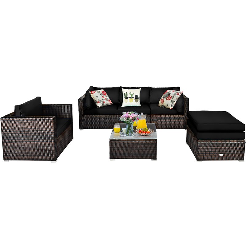 Costway 6-piece Rattan Patio Furniture Set with Sponge Padded Cushions in Black