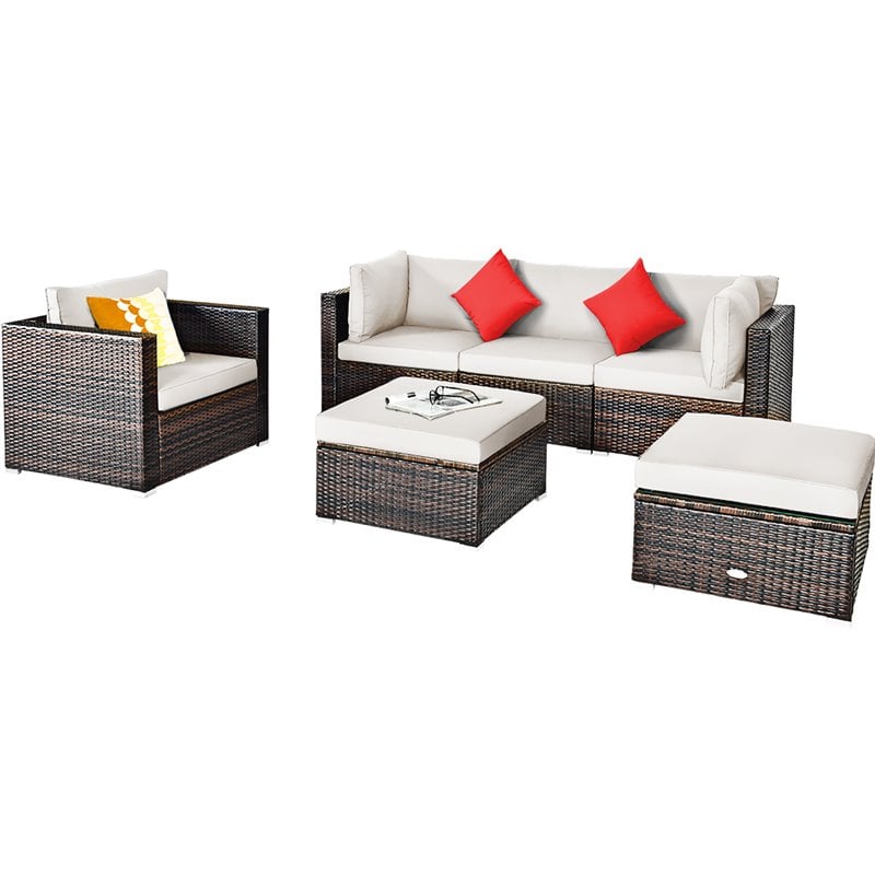 Costway 6-piece Rattan Patio Furniture Set with Sponge Padded Cushions in White