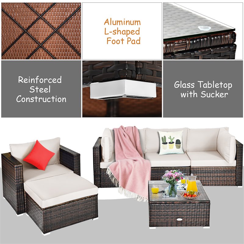 Costway 6-piece Rattan Patio Furniture Set with Sponge Padded Cushions in White