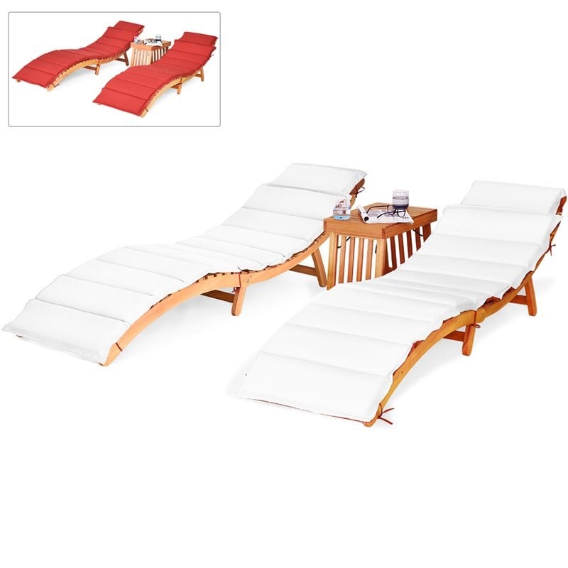 Costway 3-piece Eucalyptus Wood Folding Lounge Chair Set with Table in Red
