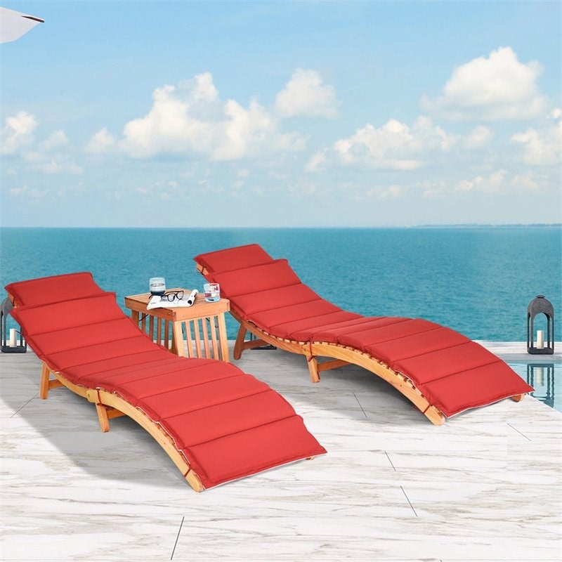 Costway 3-piece Eucalyptus Wood Folding Lounge Chair Set with Table in Red