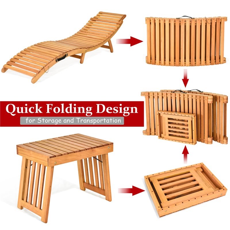 Costway 3-piece Eucalyptus Wood Folding Lounge Chair Set with Table in Red
