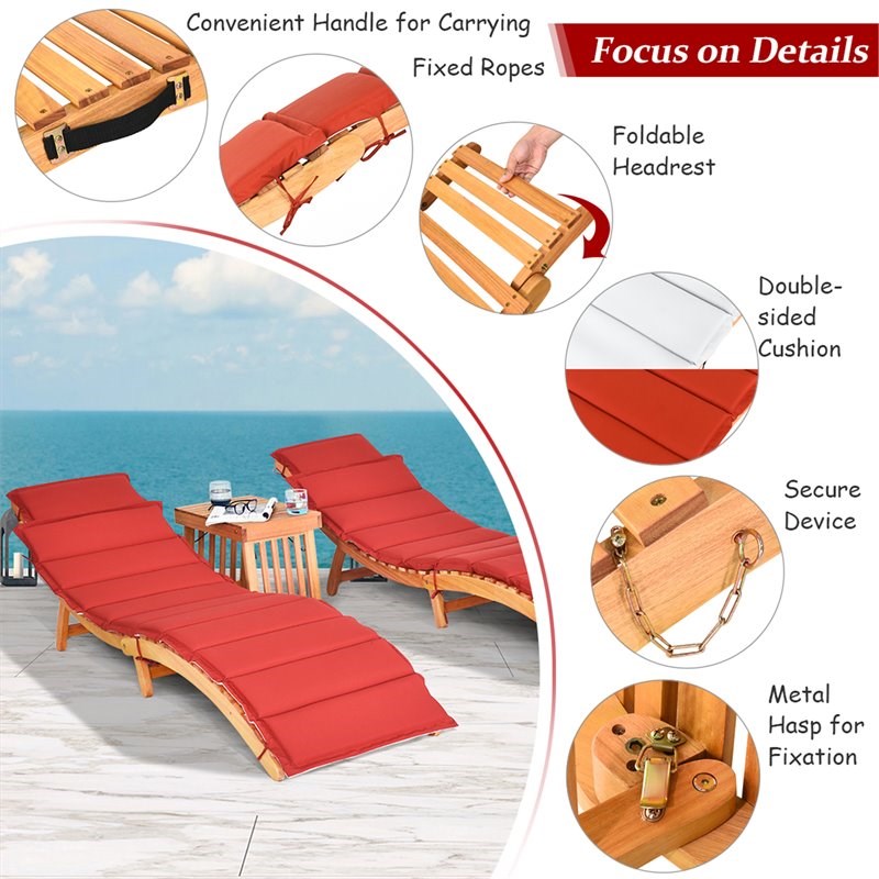Costway 3-piece Eucalyptus Wood Folding Lounge Chair Set with Table in Red