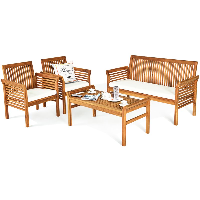 Costway 4-piece Wood Outdoor Sofa Furniture Set with Coffee Table in Natural