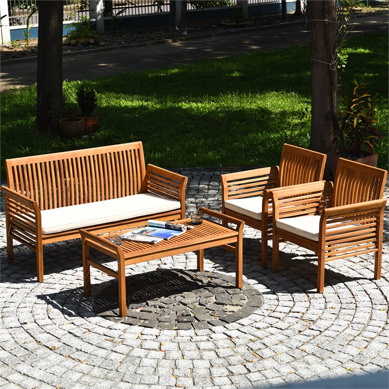 Costway 4-piece Wood Outdoor Sofa Furniture Set with Coffee Table in Natural