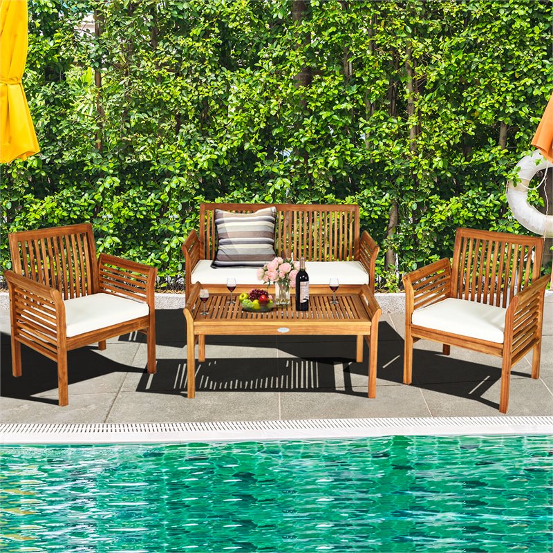 Costway 4-piece Wood Outdoor Sofa Furniture Set with Coffee Table in Natural