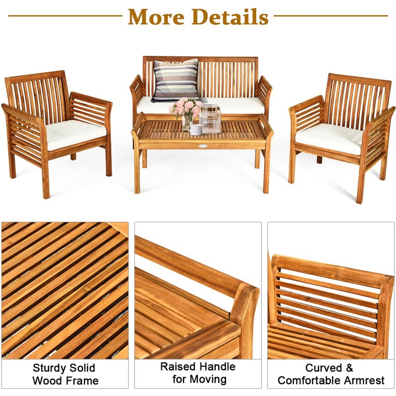 Costway 4-piece Wood Outdoor Sofa Furniture Set with Coffee Table in Natural