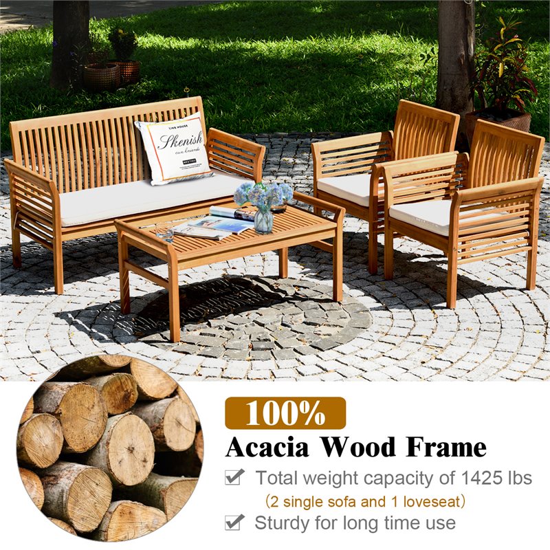 Costway 4-piece Wood Outdoor Sofa Furniture Set with Coffee Table in Natural