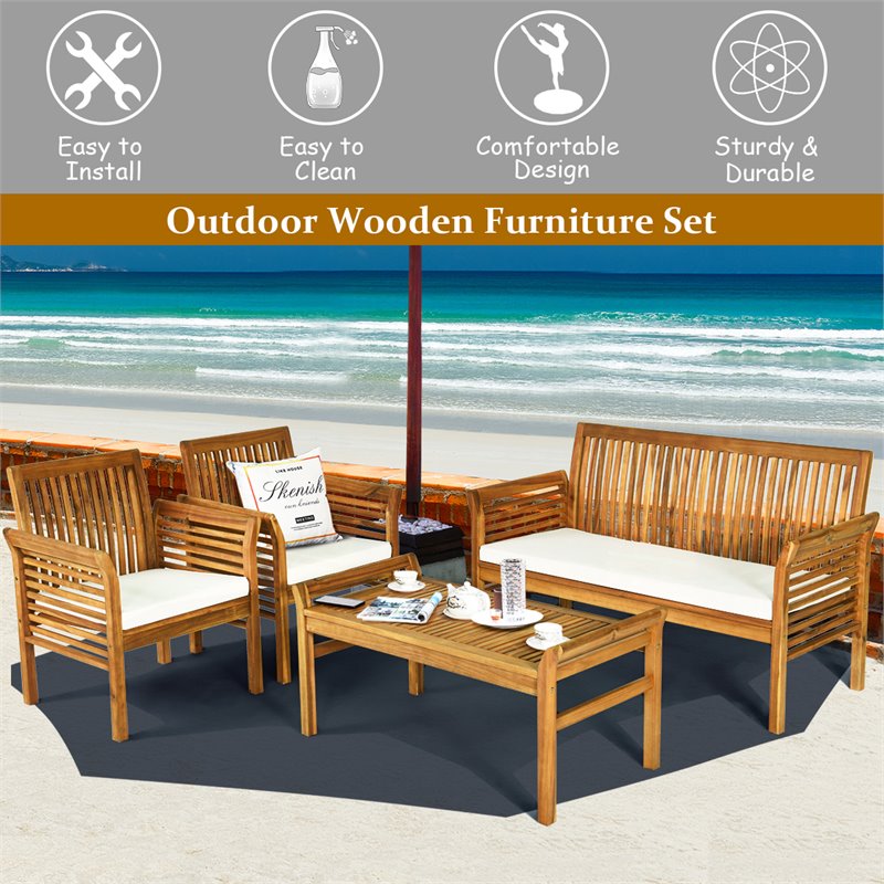 Costway 4-piece Wood Outdoor Sofa Furniture Set with Coffee Table in Natural