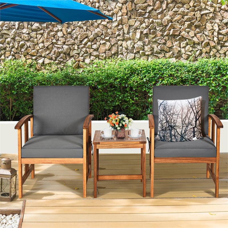 Costway 3-piece Acacia Wood Patio Sofa Set with Sloping Back in Natural/Gray