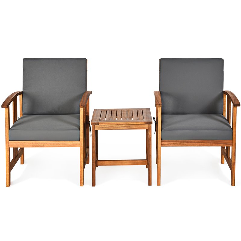 Costway 3-piece Acacia Wood Patio Sofa Set with Sloping Back in Natural/Gray