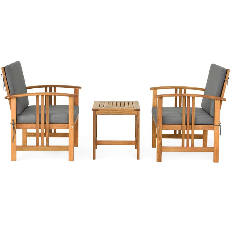 Costway 3-piece Acacia Wood Patio Sofa Set with Sloping Back in Natural/Gray