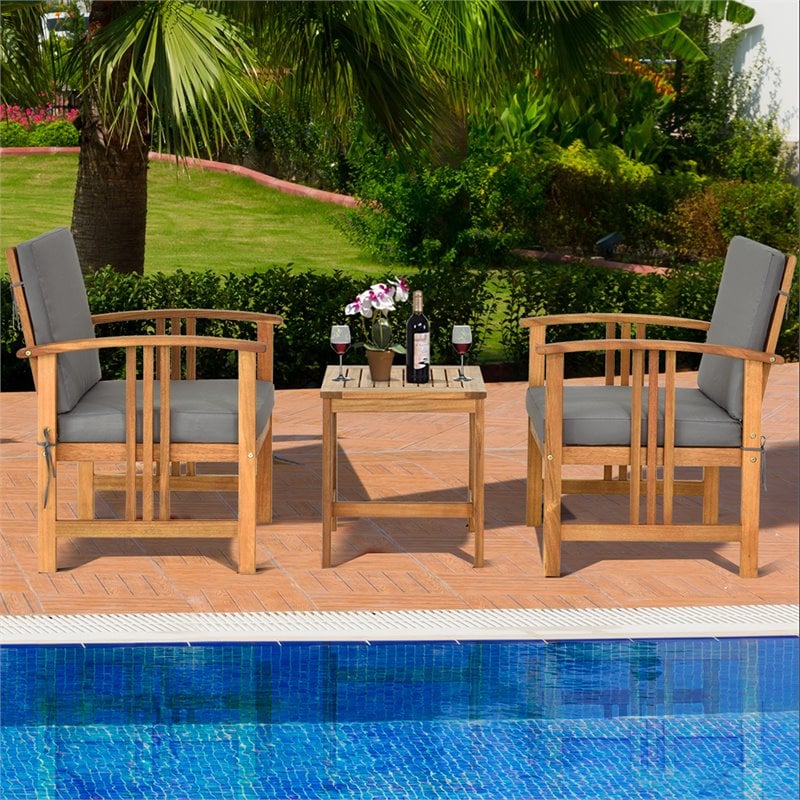 Costway 3-piece Acacia Wood Patio Sofa Set with Sloping Back in Natural/Gray