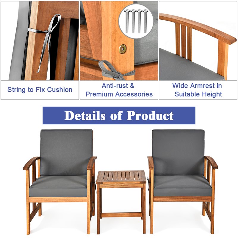 Costway 3-piece Acacia Wood Patio Sofa Set with Sloping Back in Natural/Gray