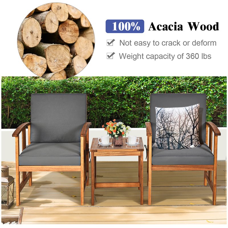 Costway 3-piece Acacia Wood Patio Sofa Set with Sloping Back in Natural/Gray