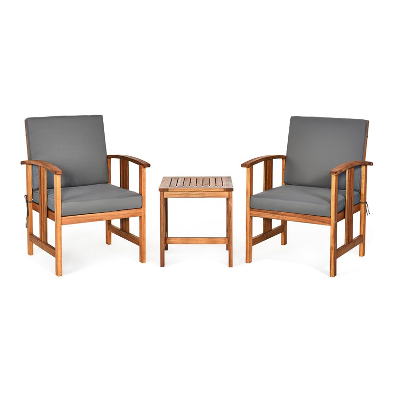 Costway 3-piece Acacia Wood Patio Sofa Set with Sloping Back in Natural/Gray