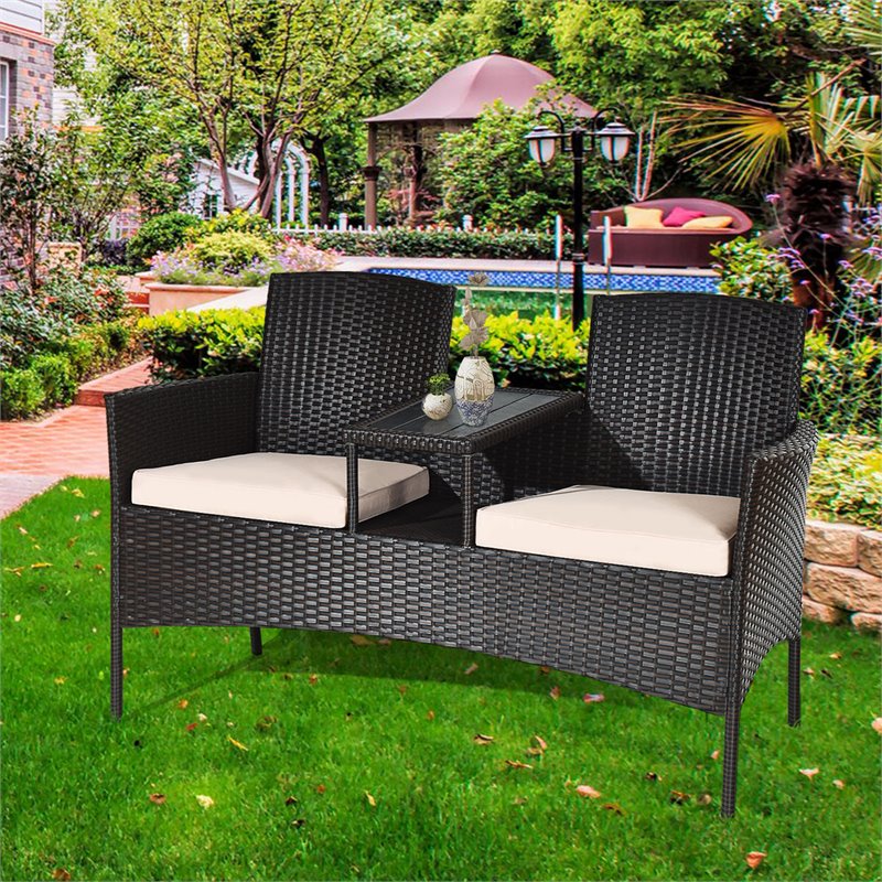 Costway Rattan Steel Patio Loveseat Sofa Set with 2 Thick Cushions in Beige Homesquare