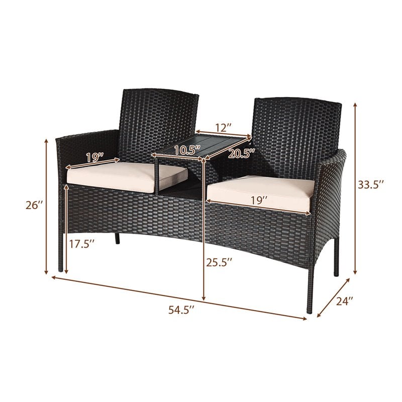 Costway Rattan Steel Patio Loveseat Sofa Set with 2 Thick Cushions in Beige