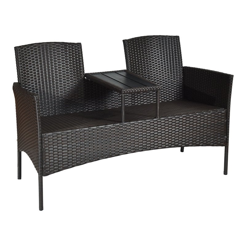 Costway Rattan Steel Patio Loveseat Sofa Set with 2 Thick Cushions in Beige
