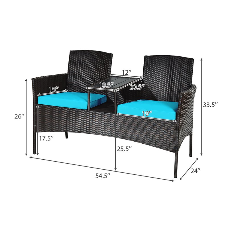 Costway Rattan Steel Patio Loveseat Sofa Set with 2 Thick Cushions in Turquoise