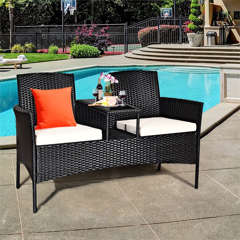 Costway Rattan and Metal Cushioned Seat Patio Conversation Set in Black