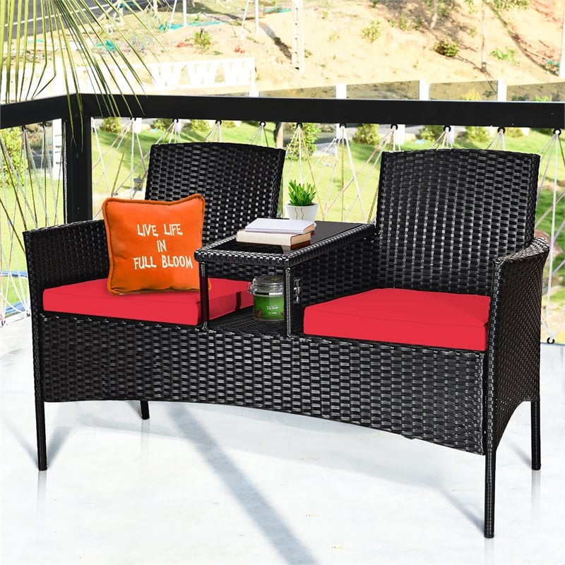 Costway Rattan and Metal Cushioned Seat Patio Conversation Set in Red