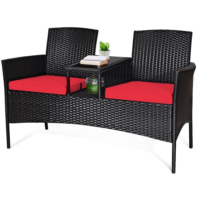 Costway Rattan and Metal Cushioned Seat Patio Conversation Set in Red