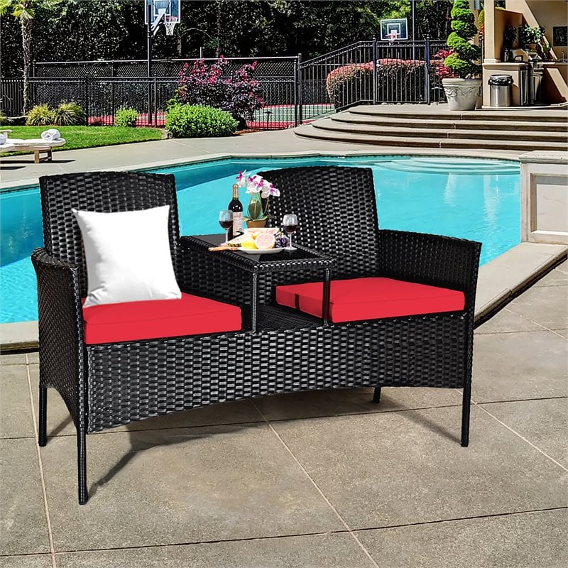 Costway Rattan and Metal Cushioned Seat Patio Conversation Set in Red
