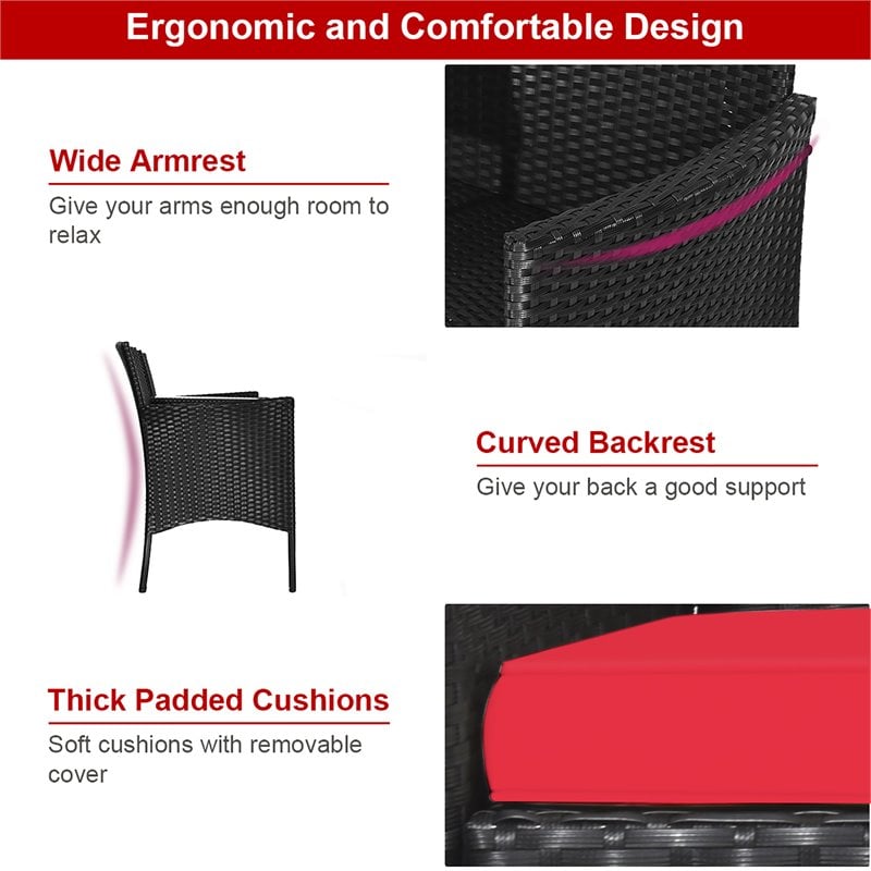 Costway Rattan and Metal Cushioned Seat Patio Conversation Set in Red