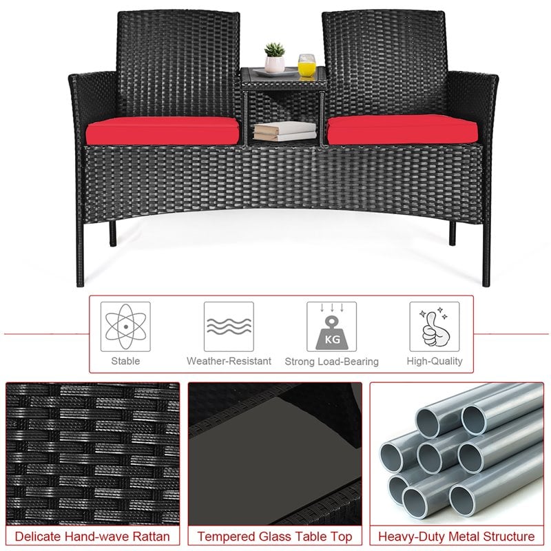 Costway Rattan and Metal Cushioned Seat Patio Conversation Set in Red