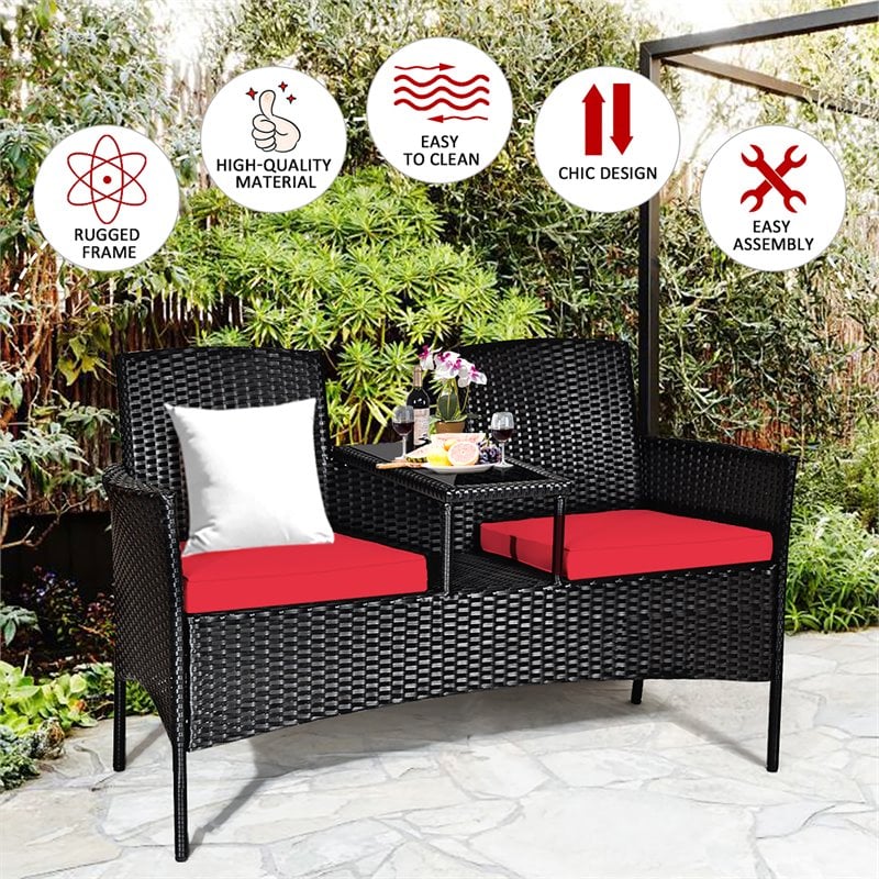 Costway Rattan and Metal Cushioned Seat Patio Conversation Set in Red
