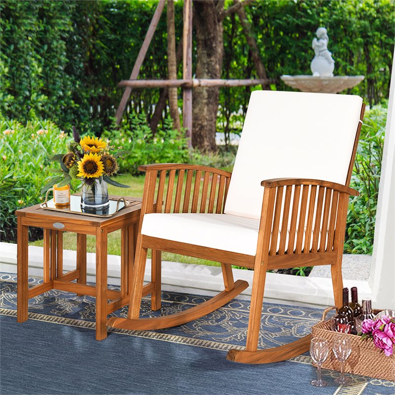 Costway 2-piece Acacia Wood Patio Rocking Chair Set with Coffee Table in Natural