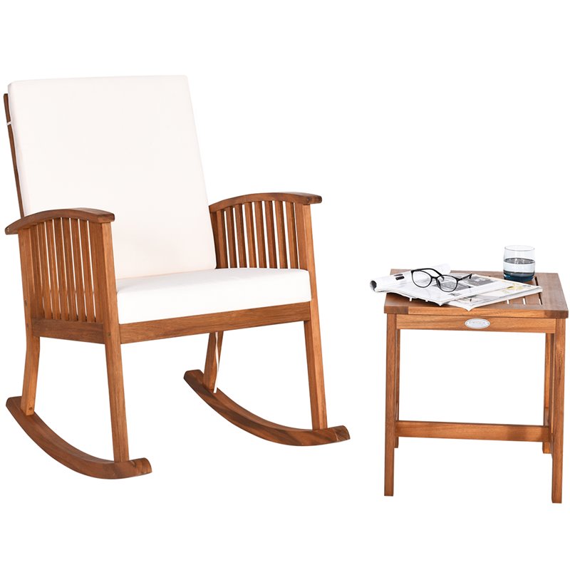 Costway 2-piece Acacia Wood Patio Rocking Chair Set with Coffee Table in Natural