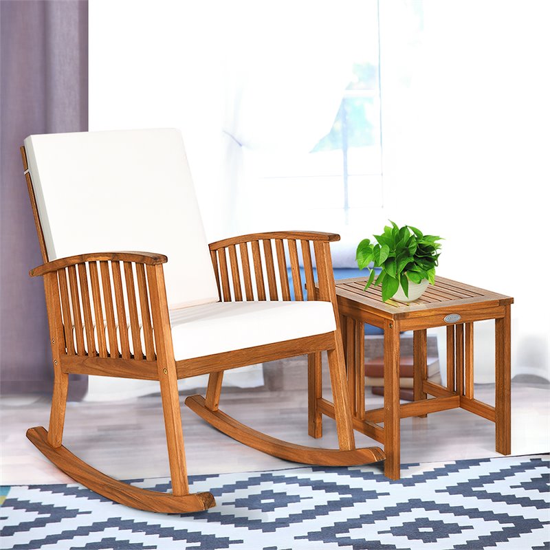 Costway 2-piece Acacia Wood Patio Rocking Chair Set with Coffee Table in Natural