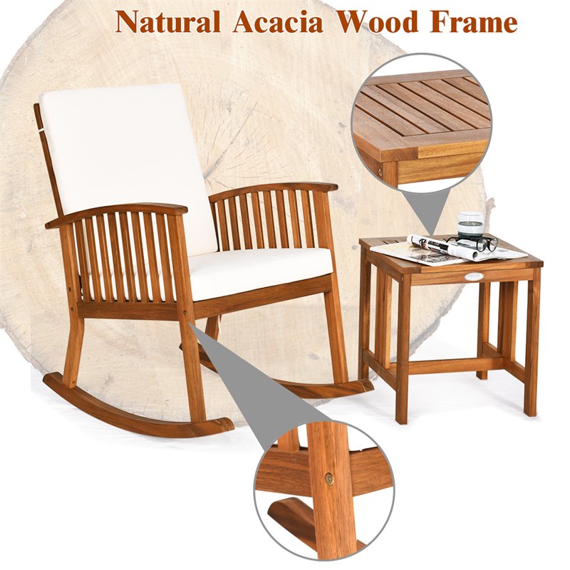 Costway 2-piece Acacia Wood Patio Rocking Chair Set with Coffee Table in Natural