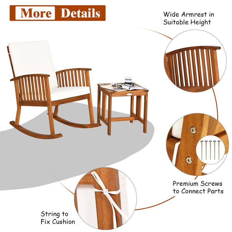 Costway 2-piece Acacia Wood Patio Rocking Chair Set with Coffee Table in Natural