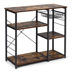 costway engineered wood and steel kitchen baker's rack with 6 hooks in black