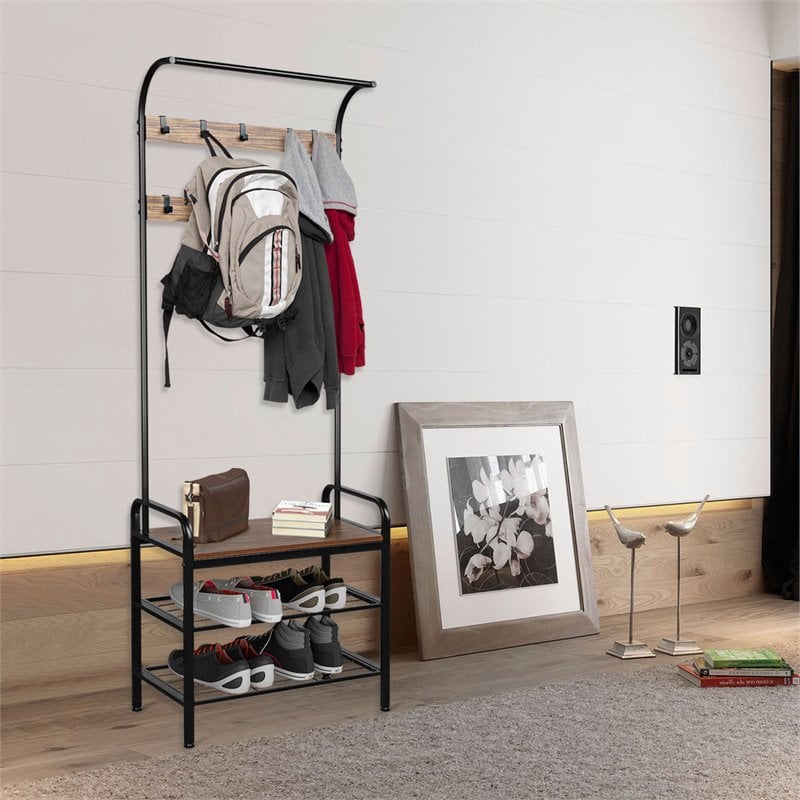 Costway Contemporary Iron and MDF Hall Tree with 9 Hooks in Rustic Brown