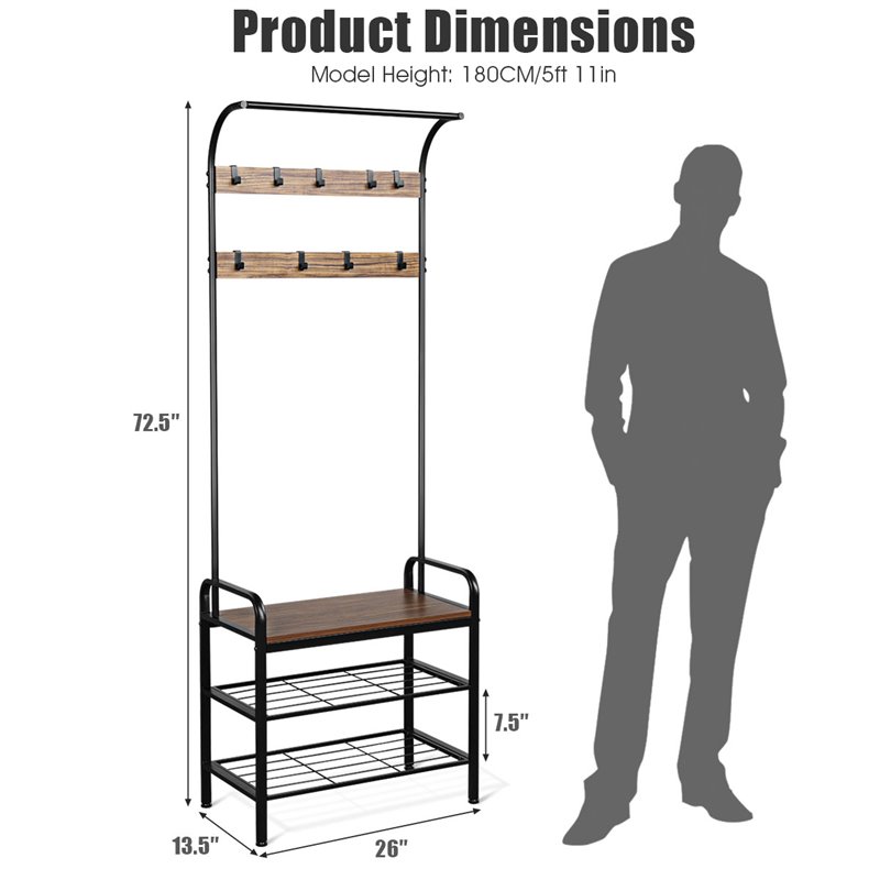 Costway Contemporary Iron and MDF Hall Tree with 9 Hooks in Rustic Brown