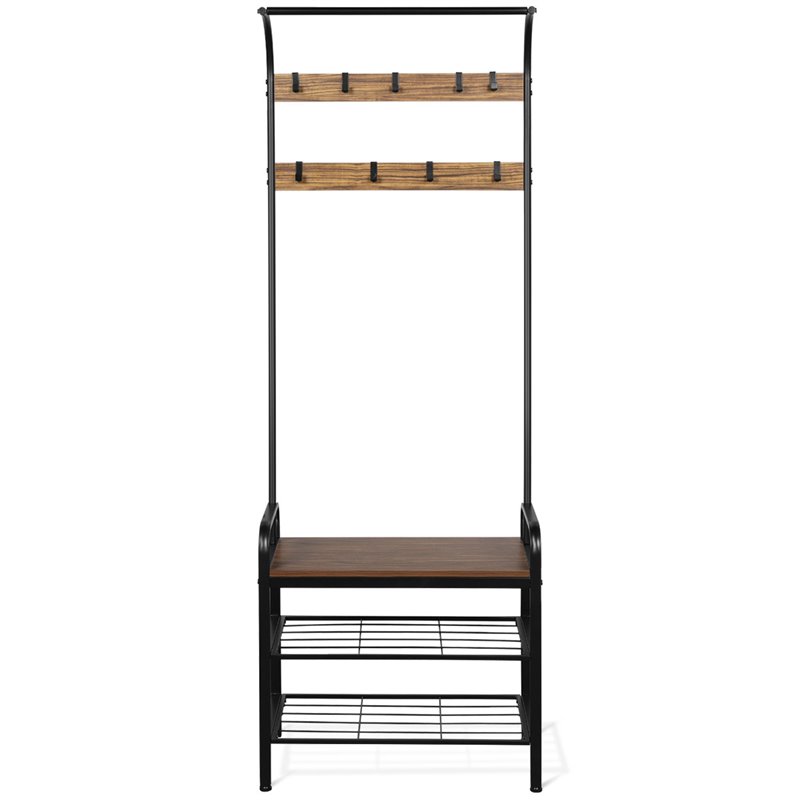 Costway Contemporary Iron and MDF Hall Tree with 9 Hooks in Rustic Brown