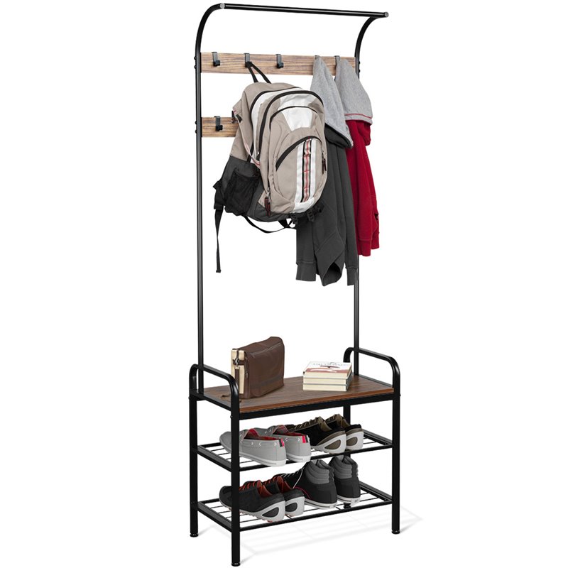 Costway Contemporary Iron and MDF Hall Tree with 9 Hooks in Rustic Brown