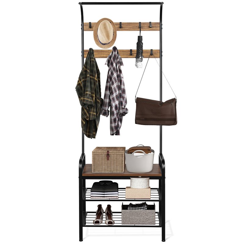 Costway Contemporary Iron and MDF Hall Tree with 9 Hooks in Rustic Brown