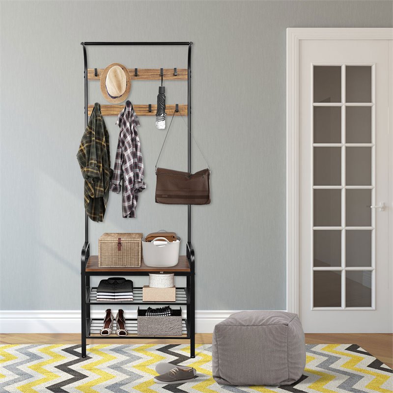 Costway Contemporary Iron and MDF Hall Tree with 9 Hooks in Rustic Brown