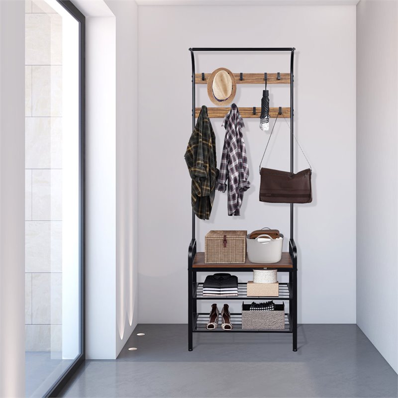 Costway Contemporary Iron and MDF Hall Tree with 9 Hooks in Rustic Brown
