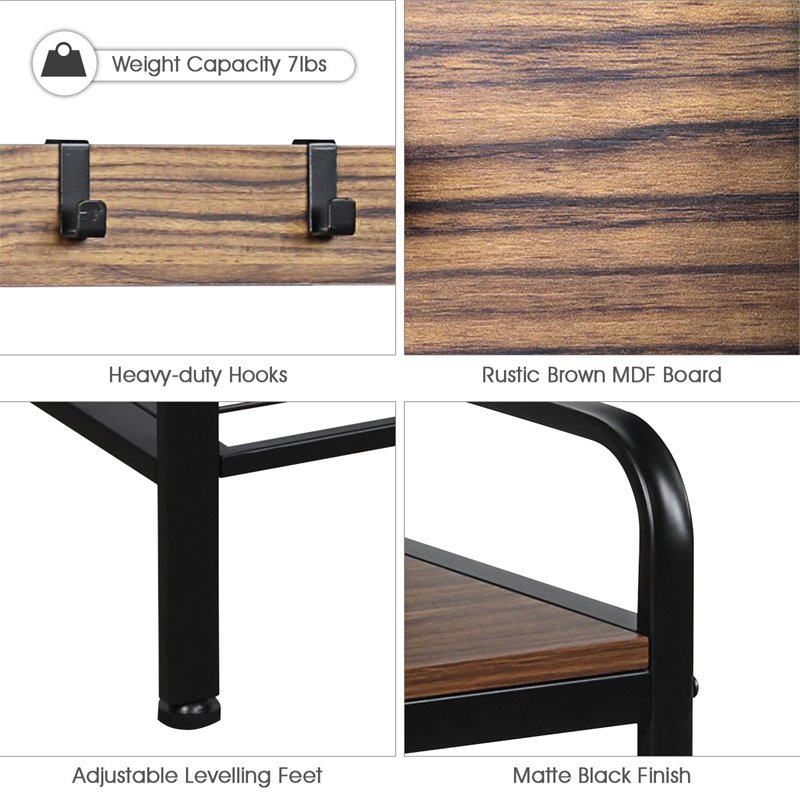 Costway Contemporary Iron and MDF Hall Tree with 9 Hooks in Rustic Brown