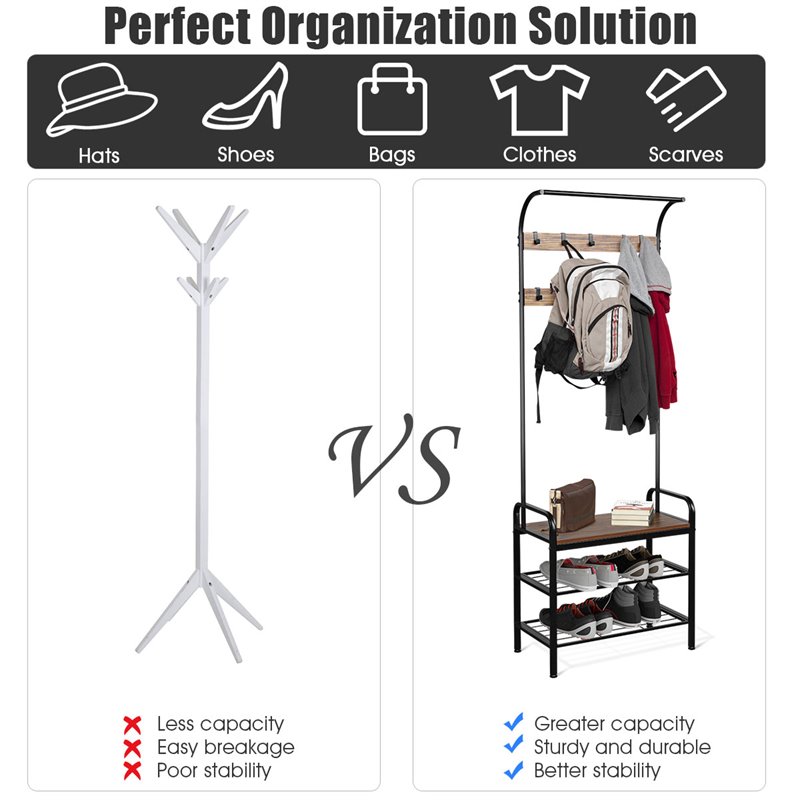 Costway Contemporary Iron and MDF Hall Tree with 9 Hooks in Rustic Brown