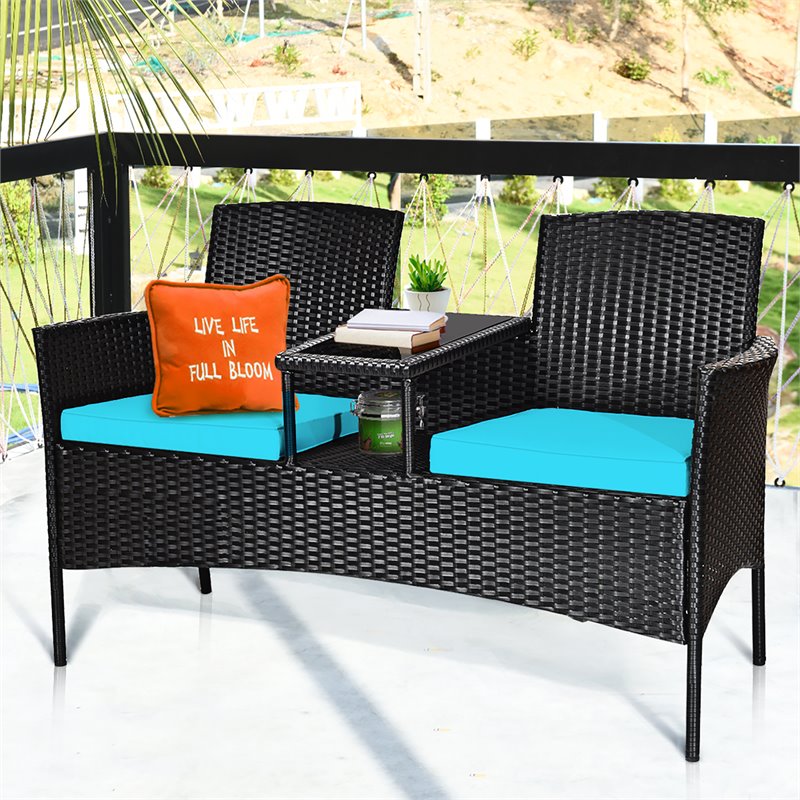 Costway Rattan and Metal Cushioned Seat Patio Conversation Set in Turquoise