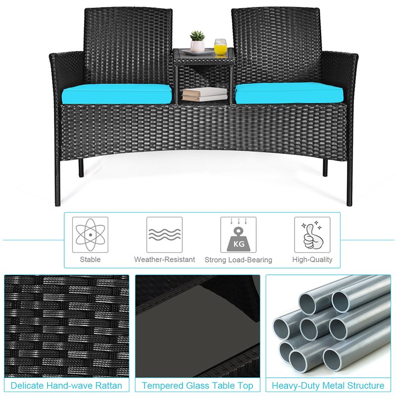 Costway Rattan and Metal Cushioned Seat Patio Conversation Set in Turquoise